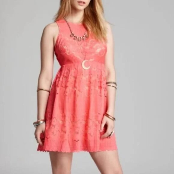Free People Rocco coral peach lace open back Dress Size 0 - Picture 2 of 11